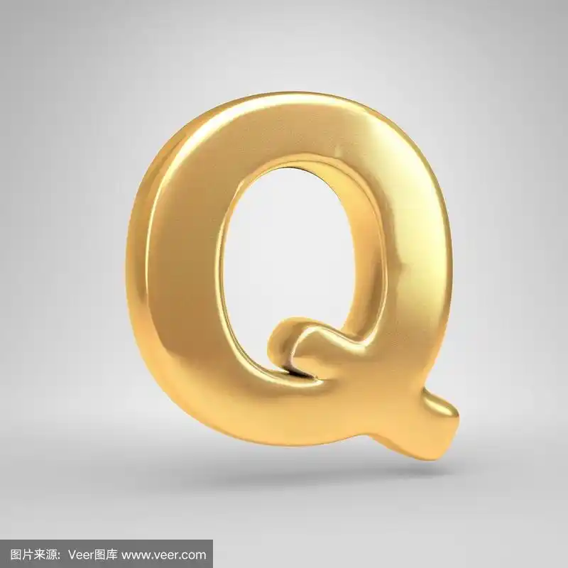 3d字母q大写.闪亮的金色字体孤立在白色背景