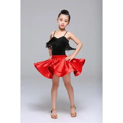 儿童拉丁舞裙夏季少儿女童拉丁体流苏亮缎练功服演出表演服套装