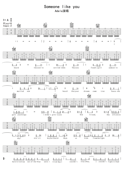 亲们 谁有some one like you的钢琴谱或简谱都行 要带歌词的发给我
