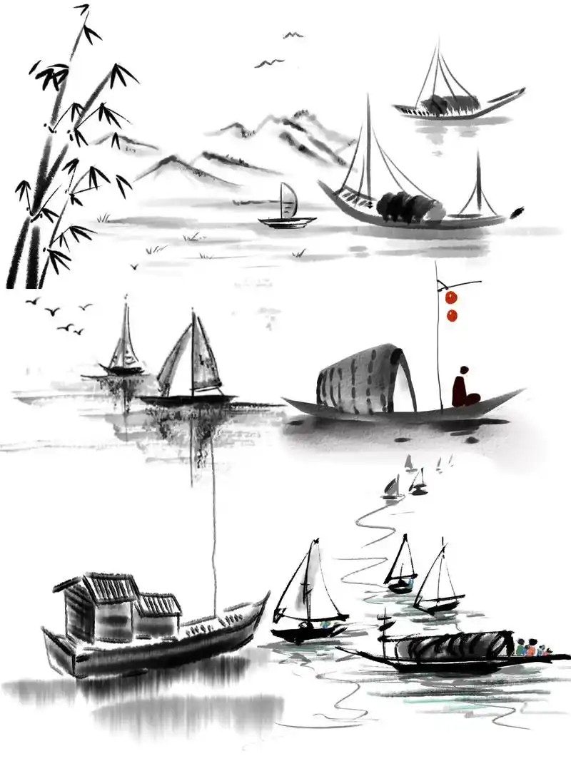 古风水墨小船山水97免抠素材.