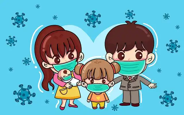 全家福彩色卡通手绘儿童一家人预防新冠病毒原创插画海报疫情疫情防控