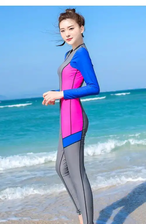 bosoot游泳衣女长袖长裤遮肚显瘦保守连体大码全身潜水服泡温泉泳衣橙