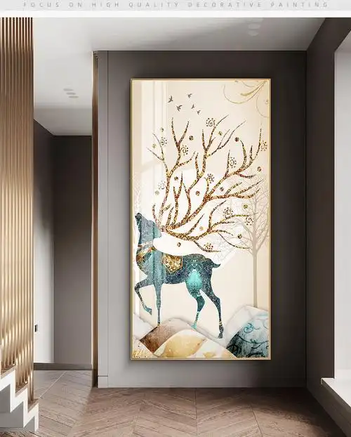 迎新必备入户玄关装饰画现代简约走廊过道尽头挂画竖版新中式福鹿壁画