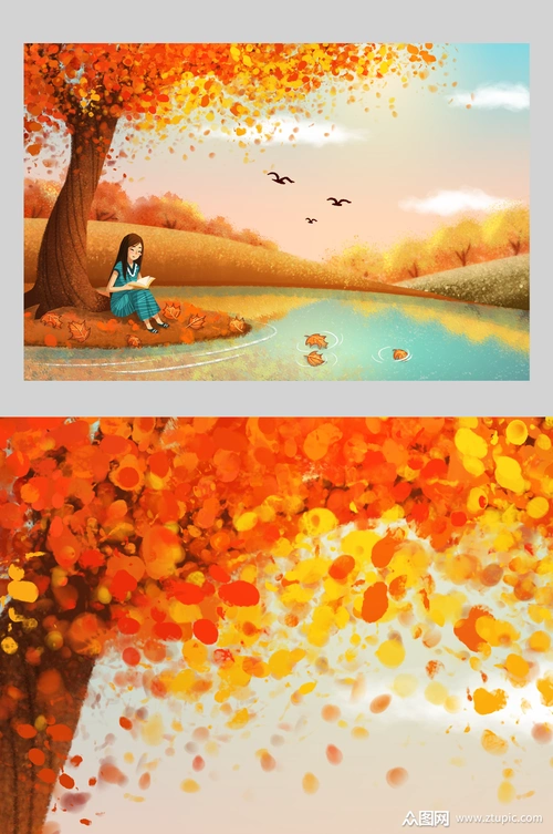 在树下读书的女孩手绘插画素材