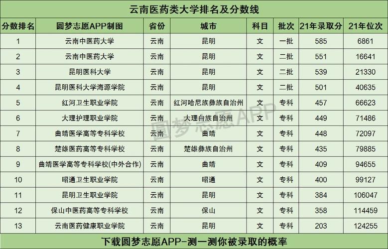 云南医药类大学排名及分数线汇总2022高考参考