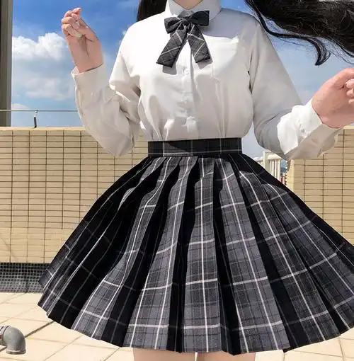 实拍烟灰格裙日式jk制服清新软妹学院风格子领结高腰格纹百褶 - 17网