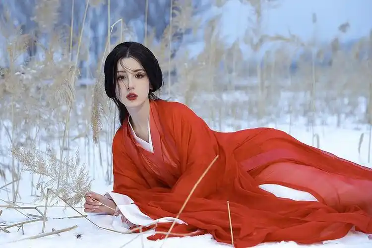 她身穿红色古装,置身白雪皑皑之中,尽显清雅气质.哈妮克孜红衣立雪.
