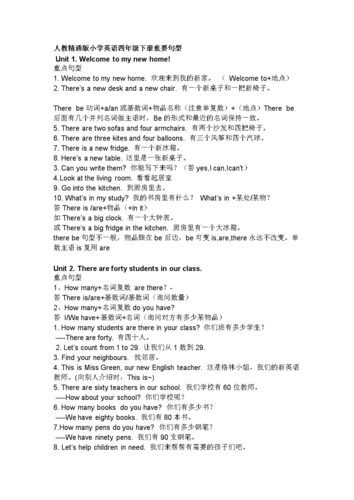 人教精通版小学英语四年级下册重要句型.doc