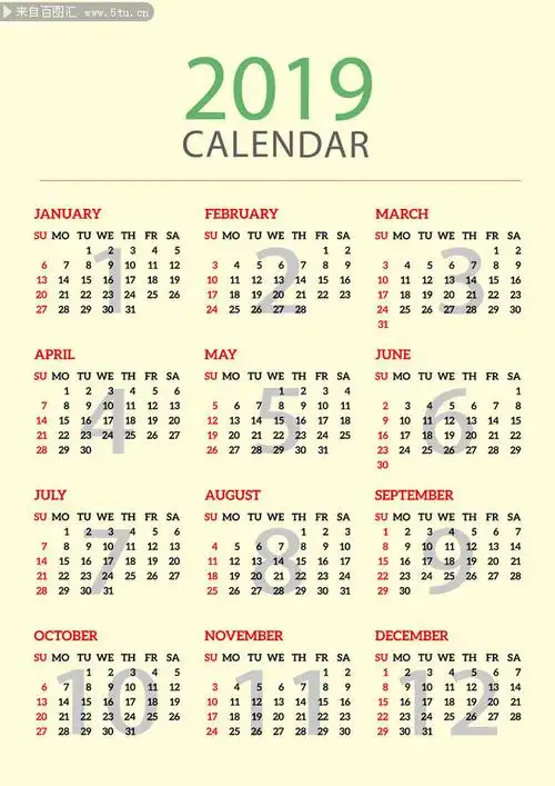 2019年日历表图片下载-年历日历-百图汇素材网