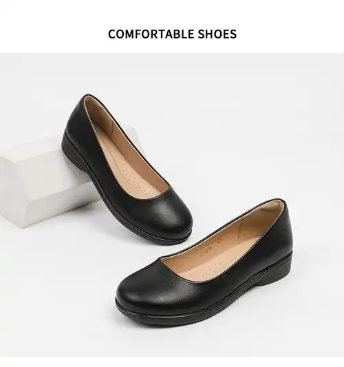 服务员职业工作鞋女黑色工装鞋女士皮鞋餐饮上班平底防滑女鞋单鞋