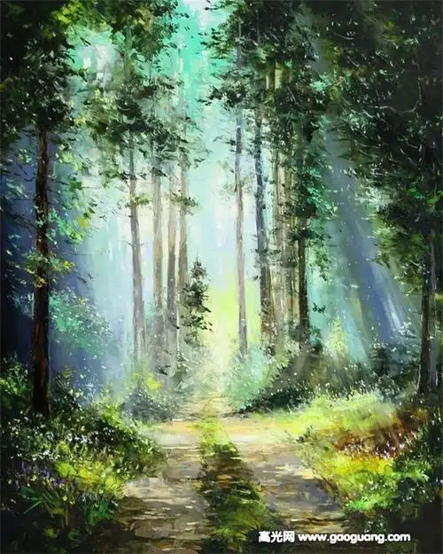 森林油画手绘图片,风景森林油画图片大全
