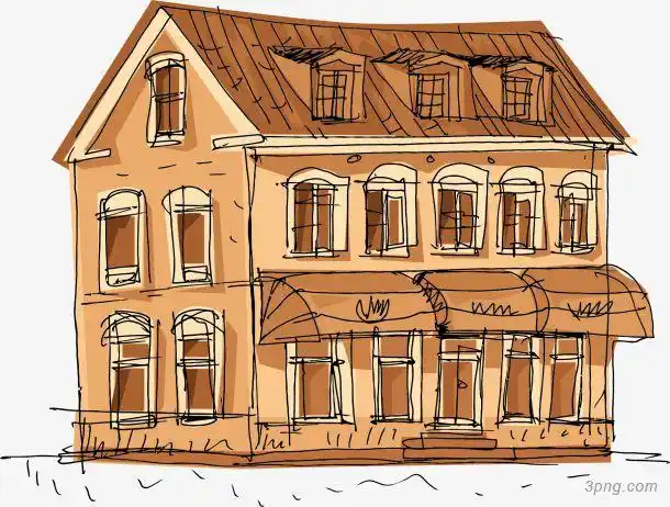 手绘棕色速写房子png素材透明免抠图片-装饰效果