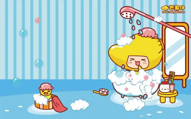 壁纸中,可爱的芒果仔在充满生机的春天里郊游,还不忘带着美丽可口的