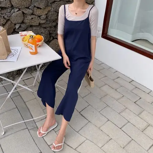 细吊带连体裤女夏季雪纺宽松垂坠连衣阔腿裤直筒背带裤九分减龄