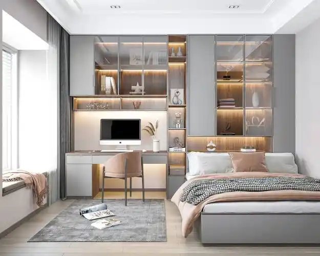 结合书柜空间,嵌入式设计一个小书桌,一侧是书籍一侧是书桌,无需来回