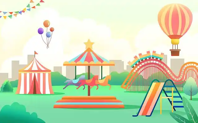 卡通儿童乐园插画气球滑梯马戏团过山车热气球草坪彩旗卡通创意游乐园