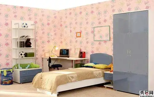 现代简约风格少女房间背景墙装修效果图-现代简约风格单人床图片