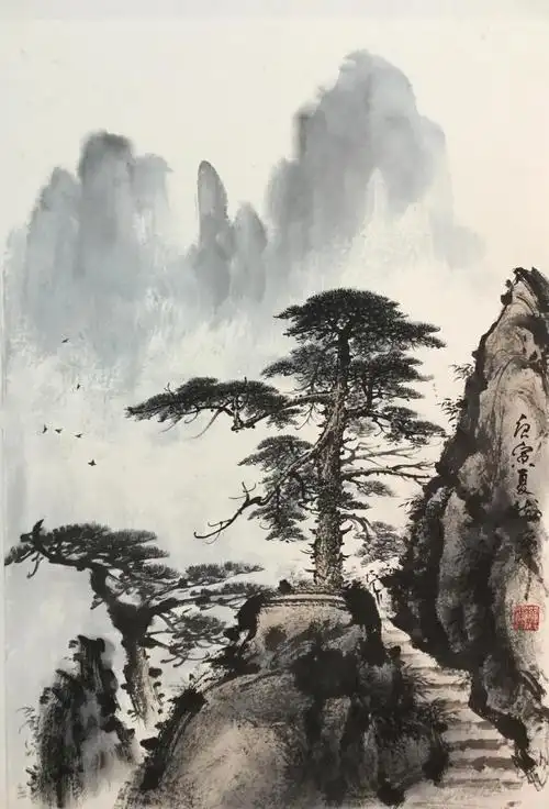 罗树辉国画作品山水松树不与相让