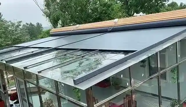 阳光房遮阳顶帘玻璃房遮阳棚遮阳天幕防晒隔热降温铝合金属发泡卷帘