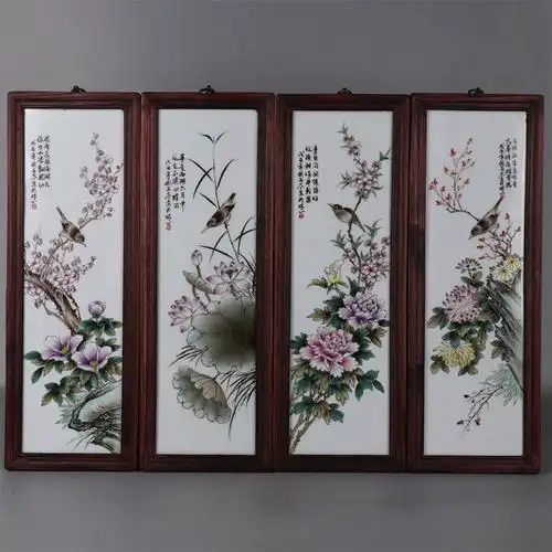民国珠山八友刘雨岑作粉彩春夏秋冬花鸟物纹瓷板画一套四块仿古瓷