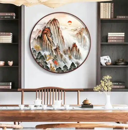 绘扬 进门玄关墙圆形山水画风景挂画办公室背景墙泰山日出国画有山无