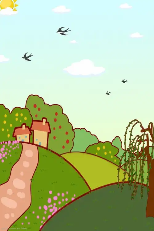 唯美 春天 立春 房屋 燕子 植物 太阳 春游 郊游 插画 卡通