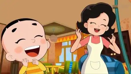 小头爸爸给自己扎了小辫子,逗的大头儿子和围裙妈妈哈哈大笑!