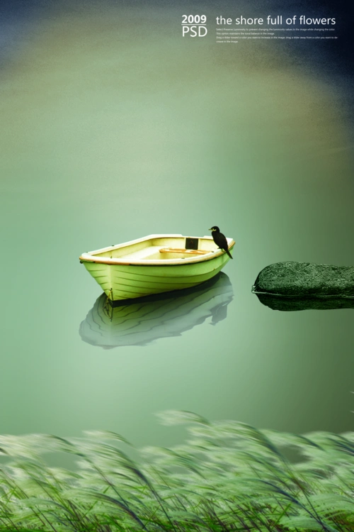 孤舟野鸟意境风景psd分层素材