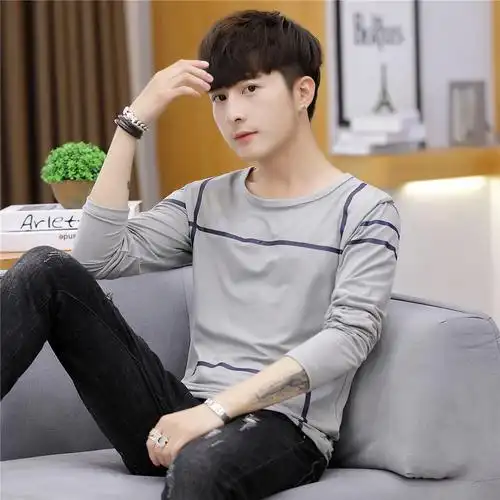 男士浅色长袖t恤夏衣成熟男装单衣夏天年轻秋衣丅上衣20-25-30岁