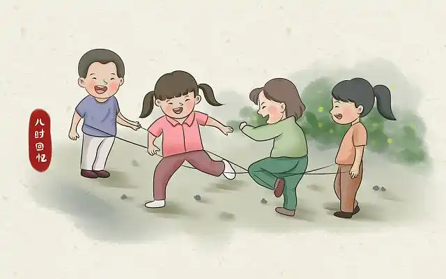 彩色卡通手绘复古水彩风夏天儿时回忆孩子跳皮筋原创插画海报夏天夏日