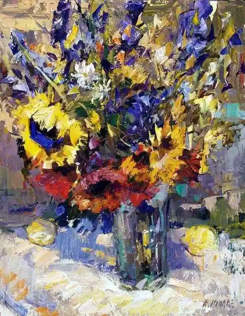 用刮刀绘出色彩生动的小色块风景油画罗伯特摩尔的绘画作品