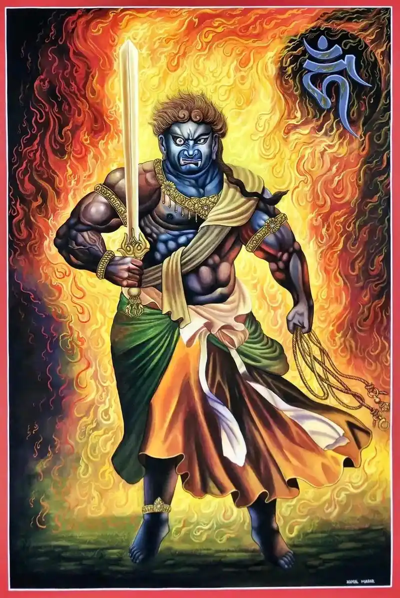 手绘唐卡.精美纽瓦丽油画风格唐卡《不动明王》画芯尺寸50x7 - 抖音