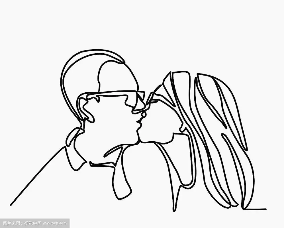 接吻情侣的矢量连续线画.一个男人亲吻一个