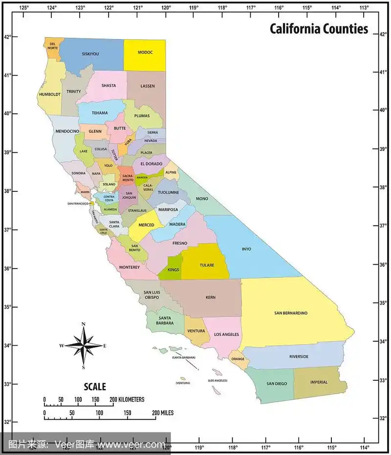 加州州大纲行政和政治地图的颜色