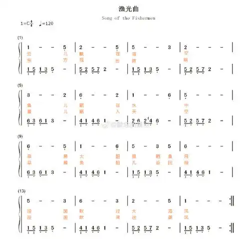 钢琴谱,双手简谱,双版本:王人美《渔光曲》;《渔光曲》是由安娥作词