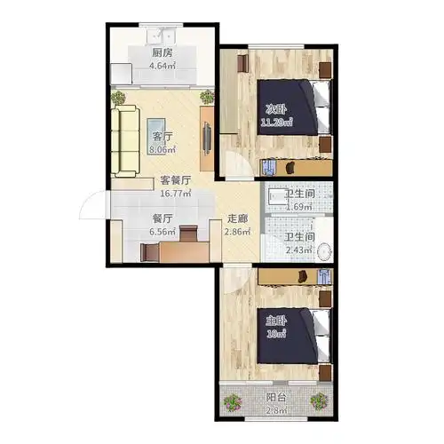 富海弘麟65.25㎡富海弘麟 户型图 c3户型(2/4张)户型2室2厅1卫-副本