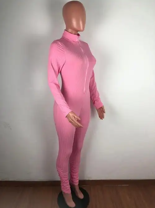 秋季新款女装拉链开胸连体衣性感连体白色长袖底部长裤