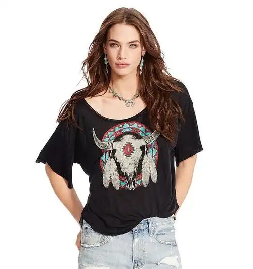 richcoco欧美范时尚休闲羊头图腾印花圆领短袖落肩宽松棉t恤e233-t