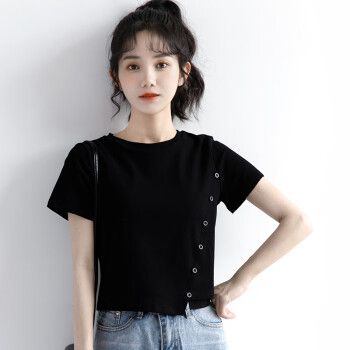 允未2023夏季新款小众设计感不规则黑色t恤女显瘦短款泫雅风ins短袖潮