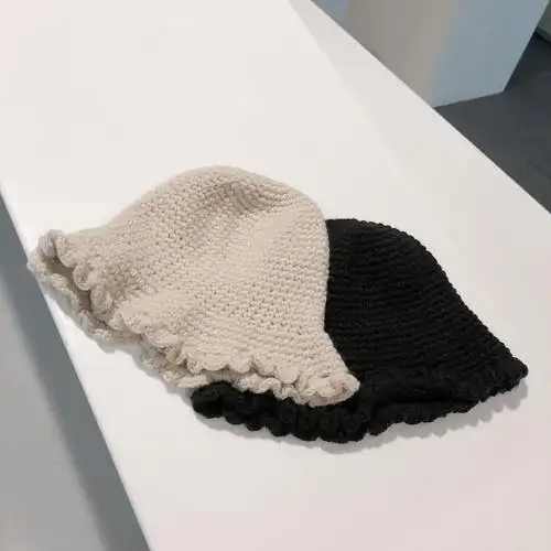 帽子女秋冬手工编织毛线渔夫帽日系百搭学生纯色木耳花边盆帽