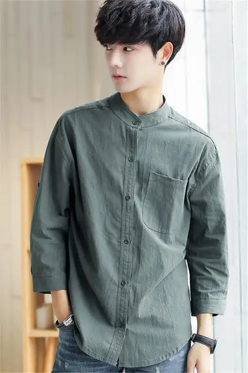 港风夏季新款中袖立领衬衣潮流男士简约纯色宽松学生七分袖衬衫男