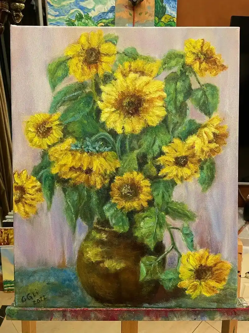 新完成一幅向日葵手绘油画作品 - 抖音
