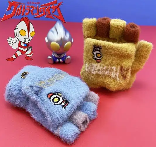 奥特曼手套加厚奥特曼学生露半指手套男童写字女卡通毛线加厚绒儿童