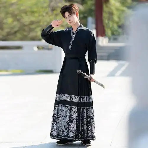 古 马面裙男士 男士 改良汉服马面裙套装 套装 武侠风情侣款 - 男装