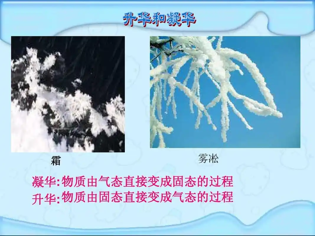 好 霜 雾凇 凝华: 物质由气态直接变成固态的过程 升华: 物质由固态