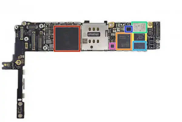 主板正面的芯片: 红色:苹果a9 apl1022 soc 与sk海力士lpddr4 ram h9h