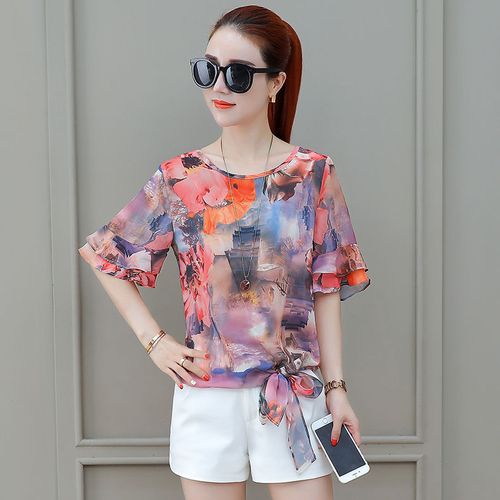 浪莎女装雪纺衫女短袖小衫新款夏季洋气潮宽松显瘦遮肚子碎花女士超仙