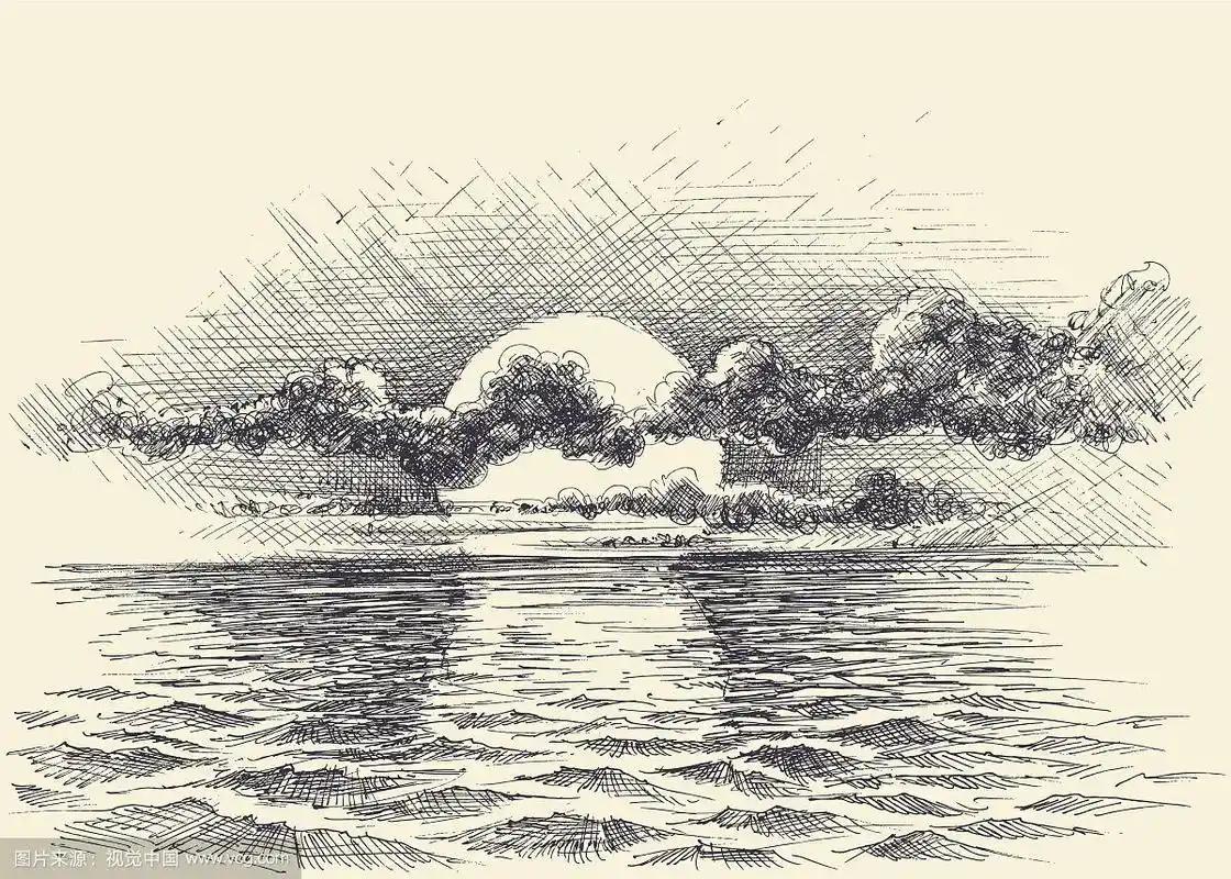 日落的天空在平静的海面上的艺术素描