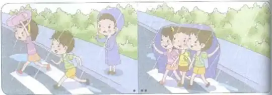 看图写话.   下雨了,明明穿着雨衣回家去.在路上,他看到了什么?