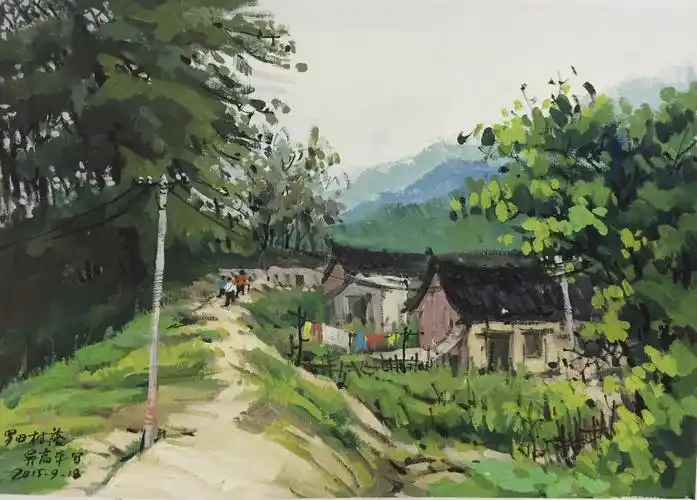 《罗田村落》作于2015年9月,水粉画